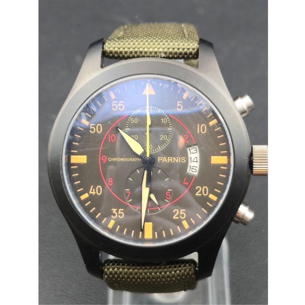 Parnis Men Pilot Chronograph Watch Model 2101 Black Case Green Canvas Strap 46mm